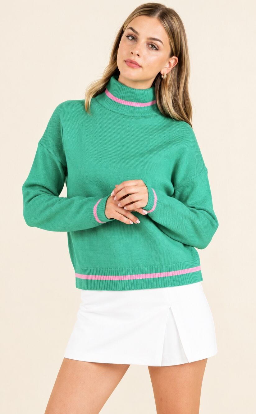 THML Emerald Green Turtleneck Pink Trim Size Small